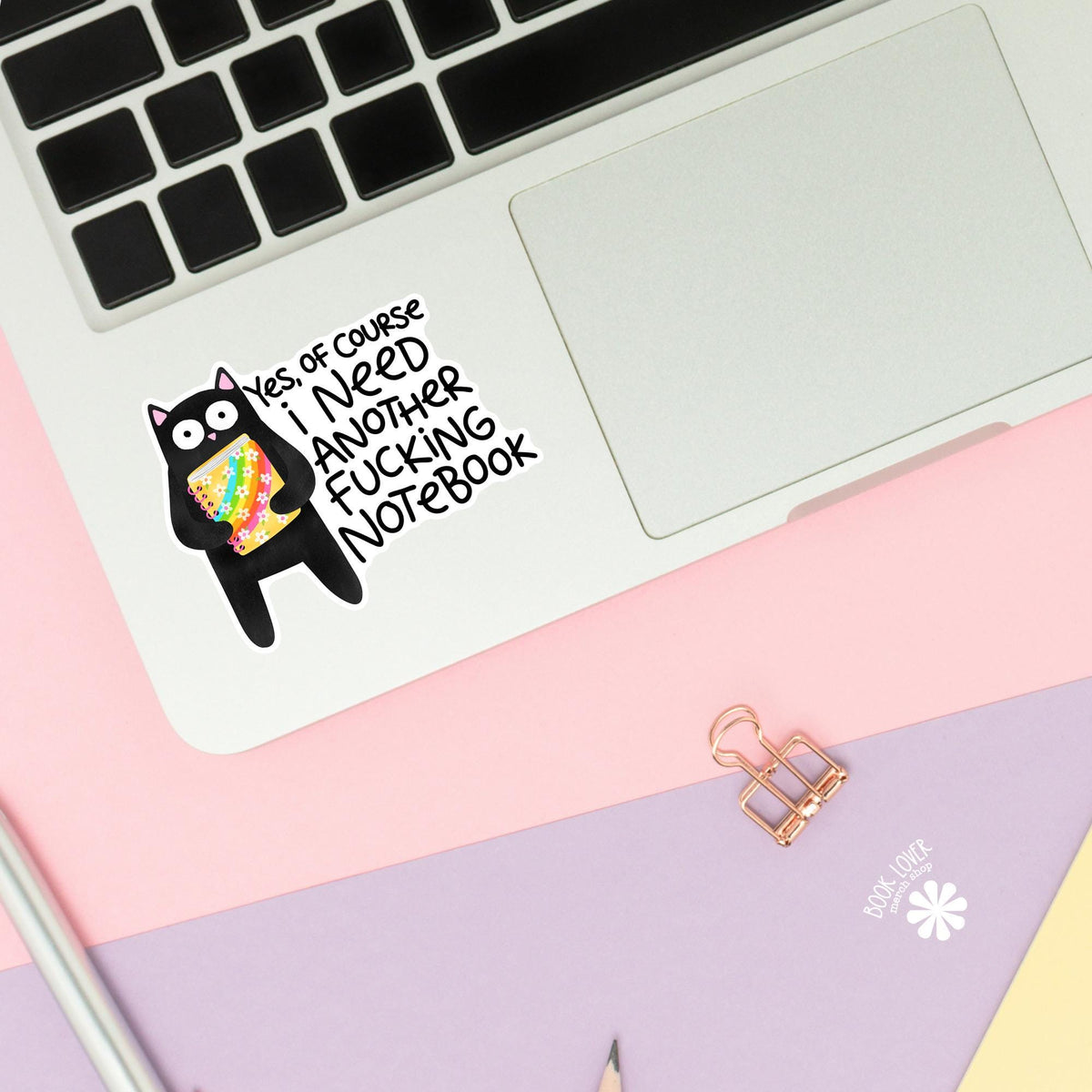 Funny Notebook Cat sticker close up, matte finish, book lover vinyl decal
