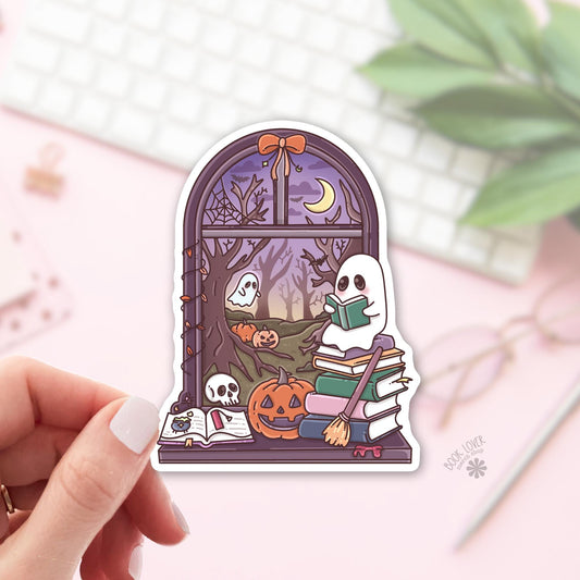 Halloween Window Sticker / Spooky Bookish Sticker / Ghost Reading Books / Spooky Reader Gift / Witchy Cottagecore / Bookish Ghost / Kindle