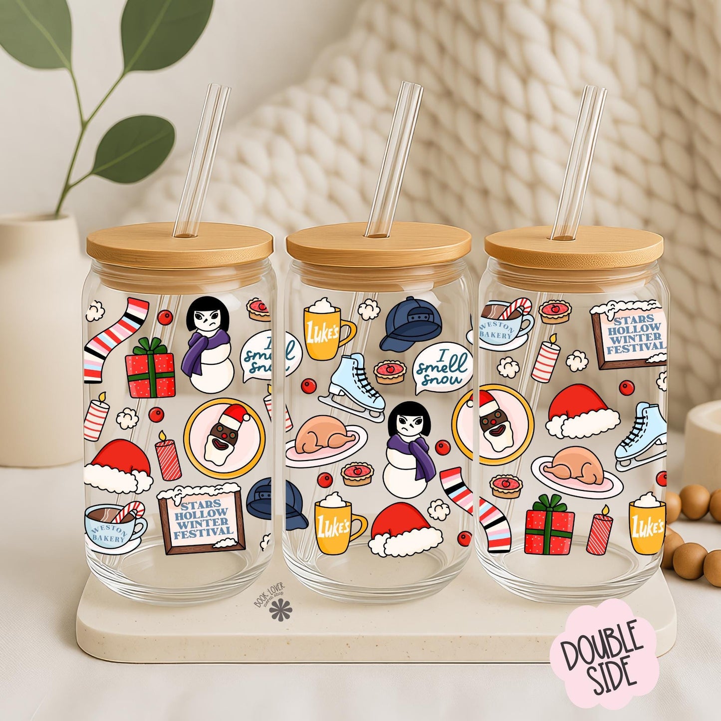 Gilmore Girls Christmas 16 OZ Glass Can With Lid and Straw / Mug / Book Lover Gift / Bookish Merch Stickers / UV Dtf Libbey Wrap Transfert
