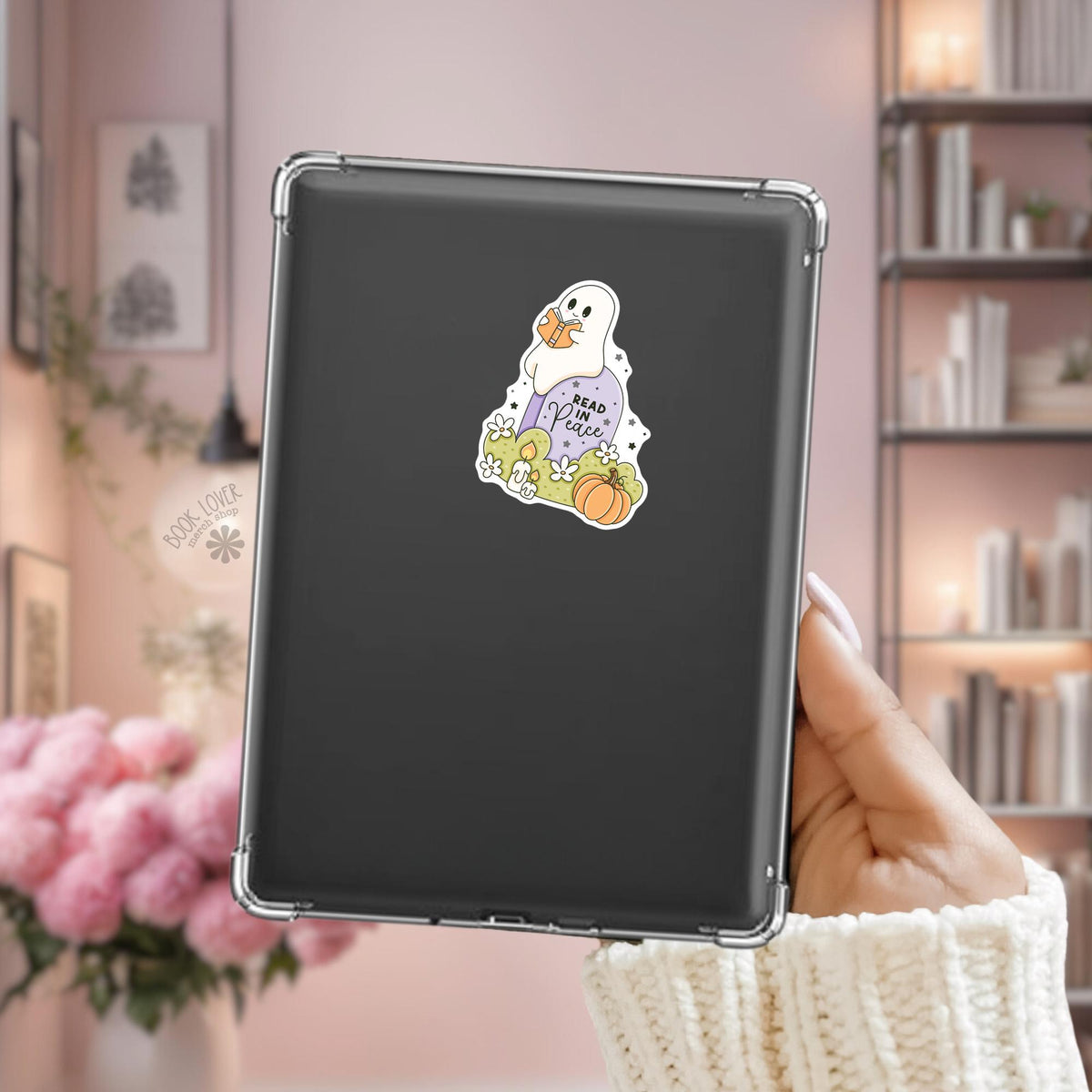 Read in peace ghost Kindle sticker on desk, bookish halloween decal