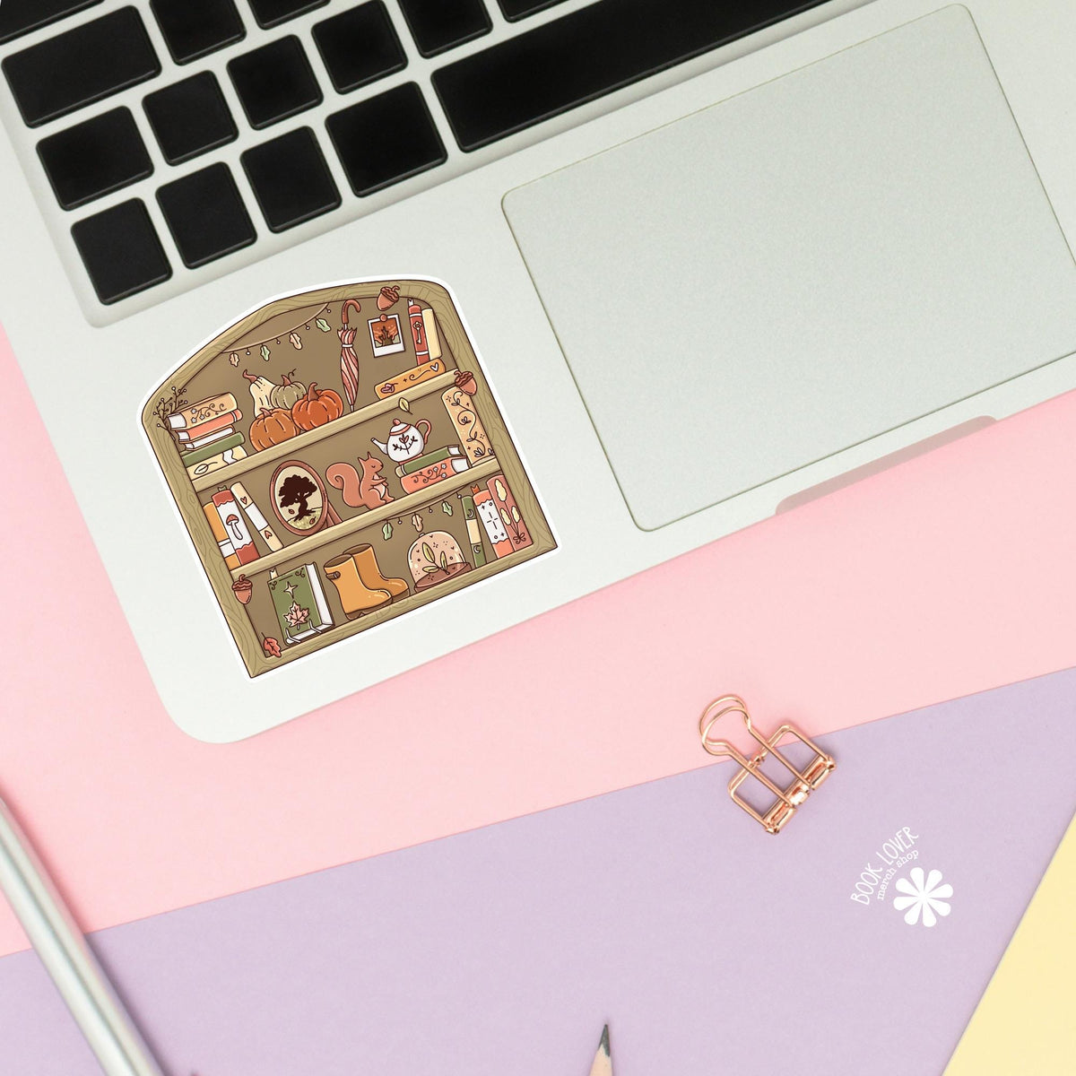 Autumn Squirrel Teapot sticker close up, matte finish, book lover vinyl decal