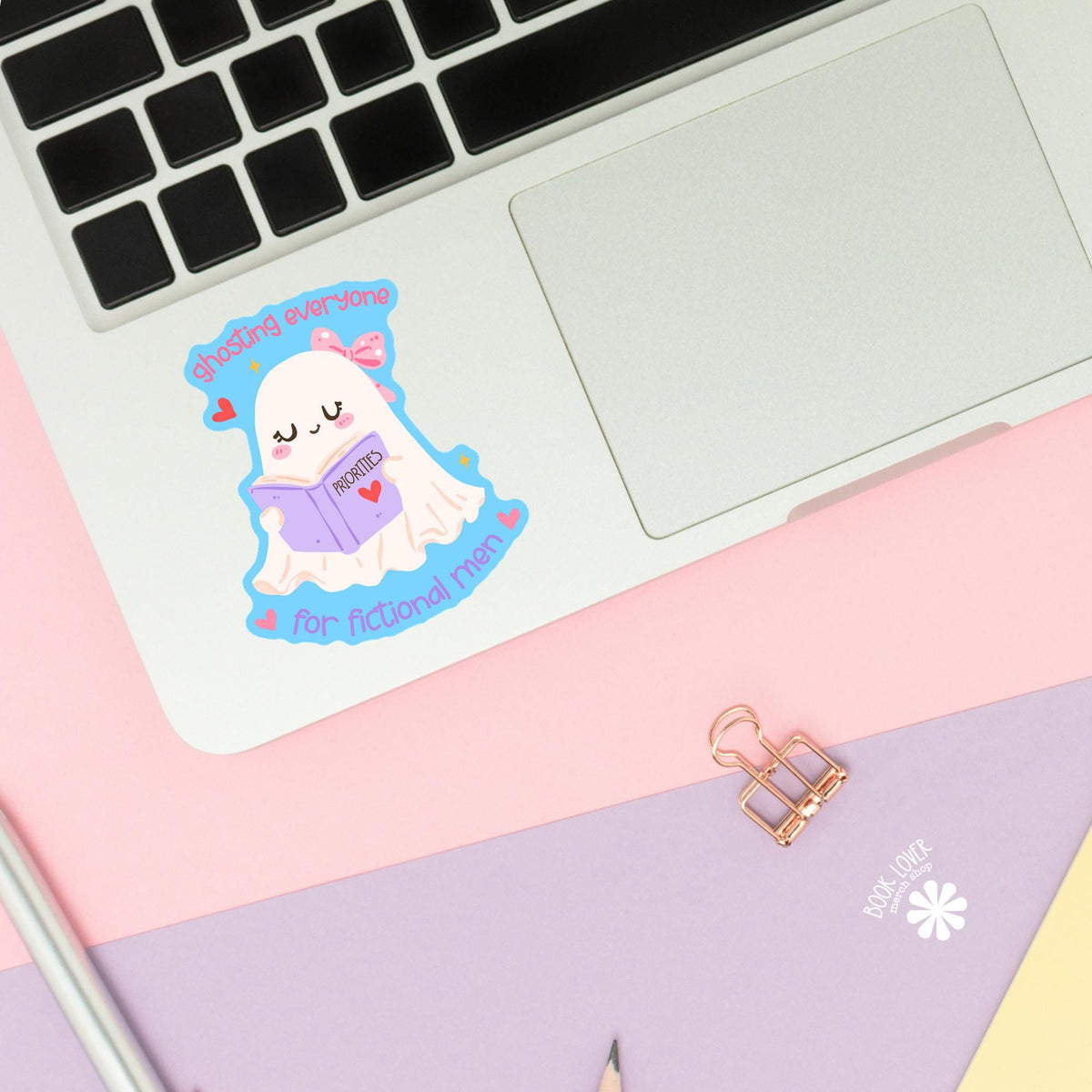 Ghosting Everyone For Fictional Men sticker close up, matte finish, book lover vinyl decal