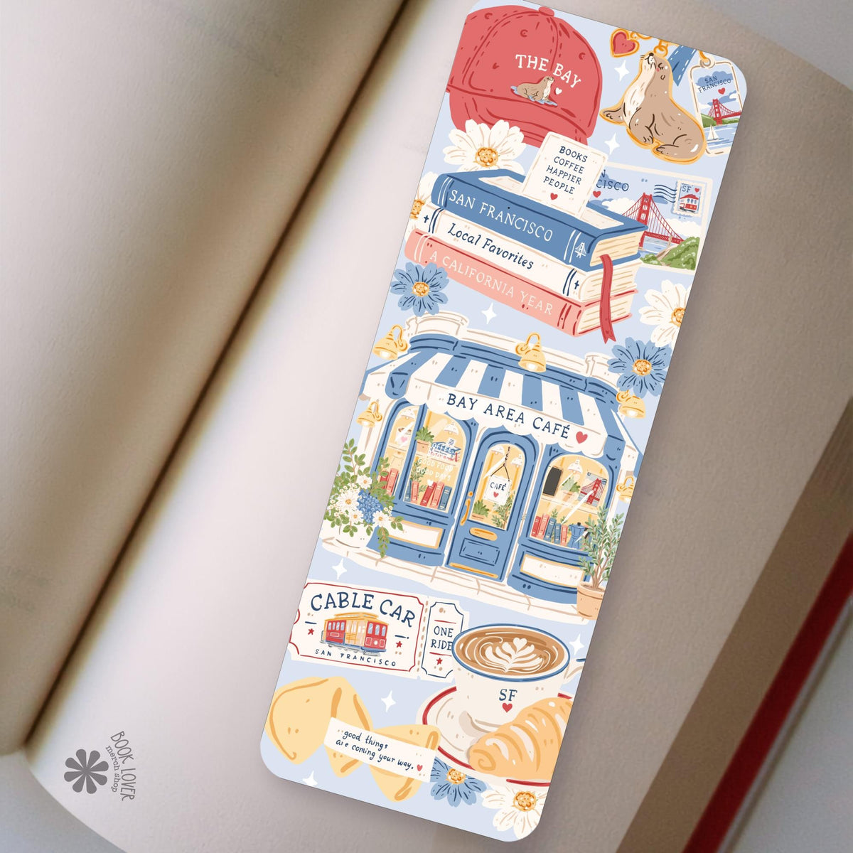 San Francisco Cafe bookmark in an open book, cozy reading