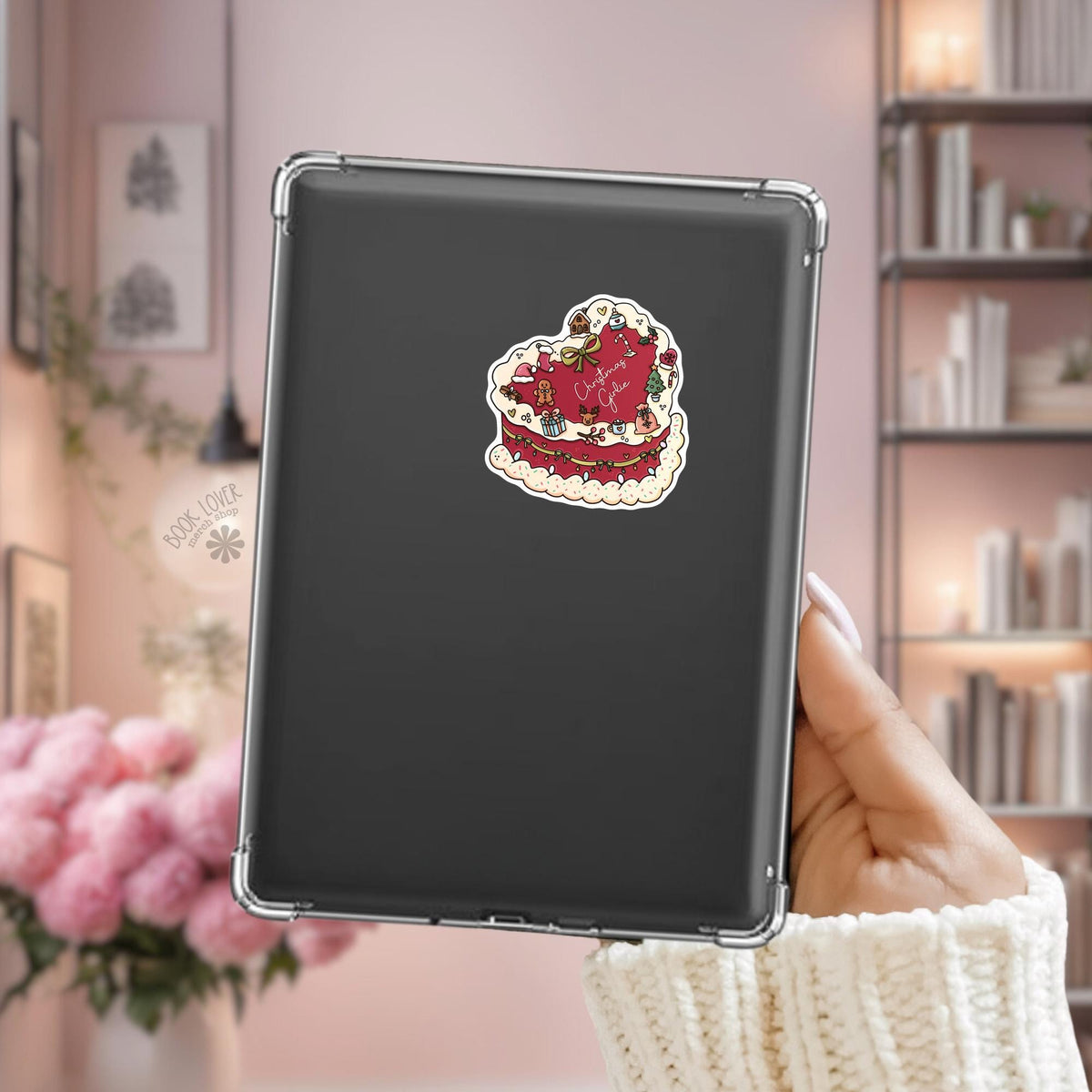 Coquette Christmas Cake Kindle sticker on desk, bookish decal