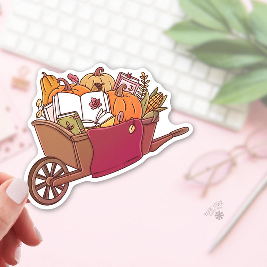 Fall Books Wheelbarrow Sticker / Autumn Bookish Sticker / Cozy Fall Reading / Pumpkin Book Lover / Cottagecore Autumn / Bookworm / Kindle