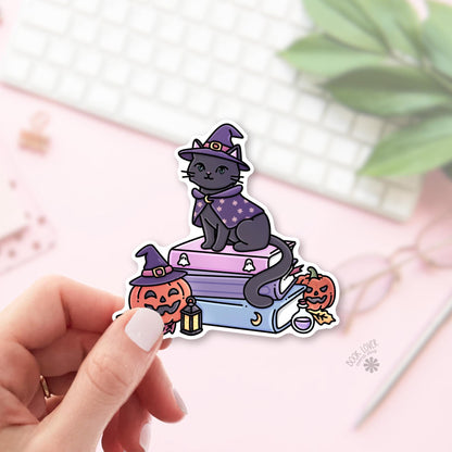 Witchy black cat bookish sticker, vinyl die cut, witchy readers with a cat on the shelf gift