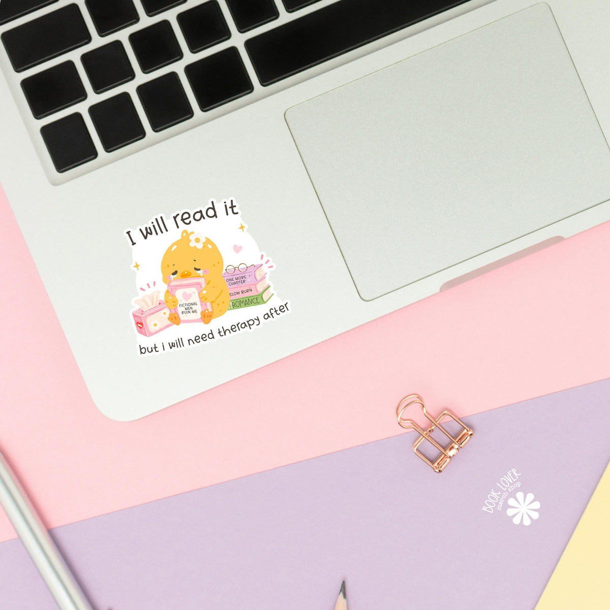 Reading duck sticker close up, matte finish, book lover vinyl decal
