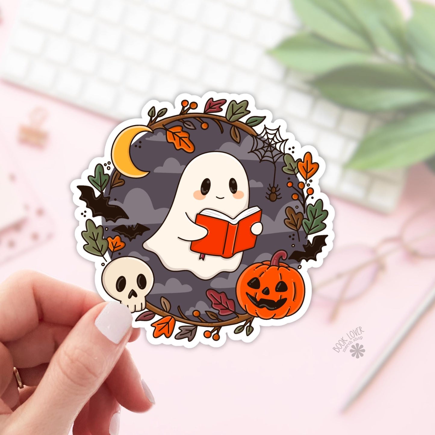 Ghost Reading in Dark Stickers / Halloween Bookish Stickers / Book Lover Gift / Bookish Merch / Kindle Sticker / Reading Lover / E-Reader