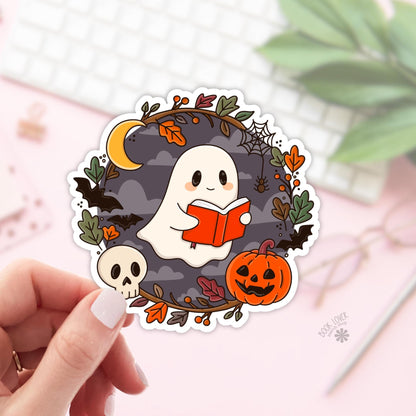 Ghost Reading in Dark Stickers / Halloween Bookish Stickers / Book Lover Gift / Bookish Merch / Kindle Sticker / Reading Lover / E-Reader