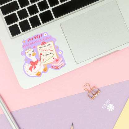 Goose With Glasses sticker close up, matte finish, book lover vinyl decal