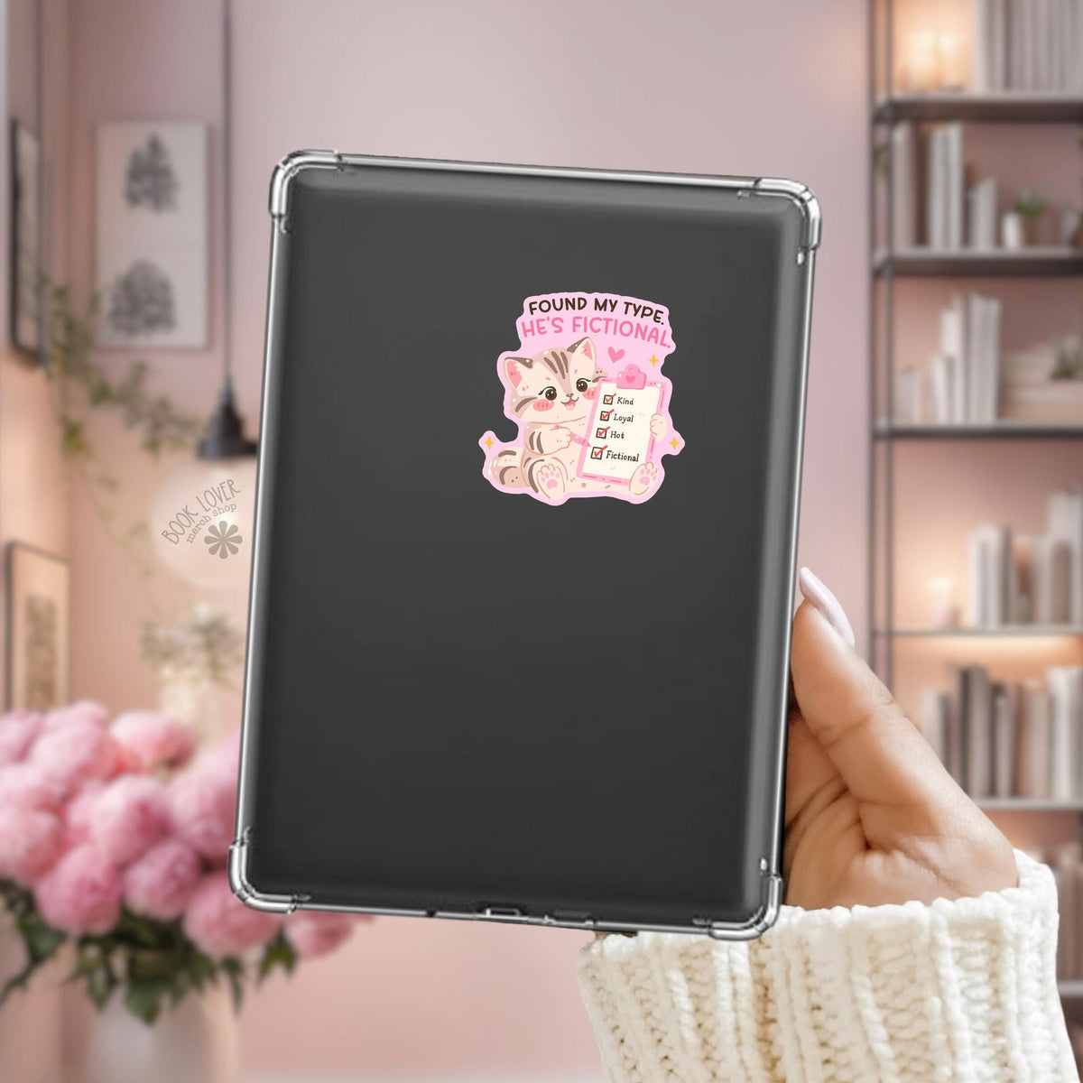 Fictional Men Standards Checklist Kindle sticker on desk, bookish decal