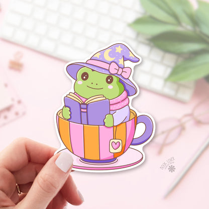 Witchy frog teacup bookish sticker, vinyl die cut, witchy readers with a pot of tea gift