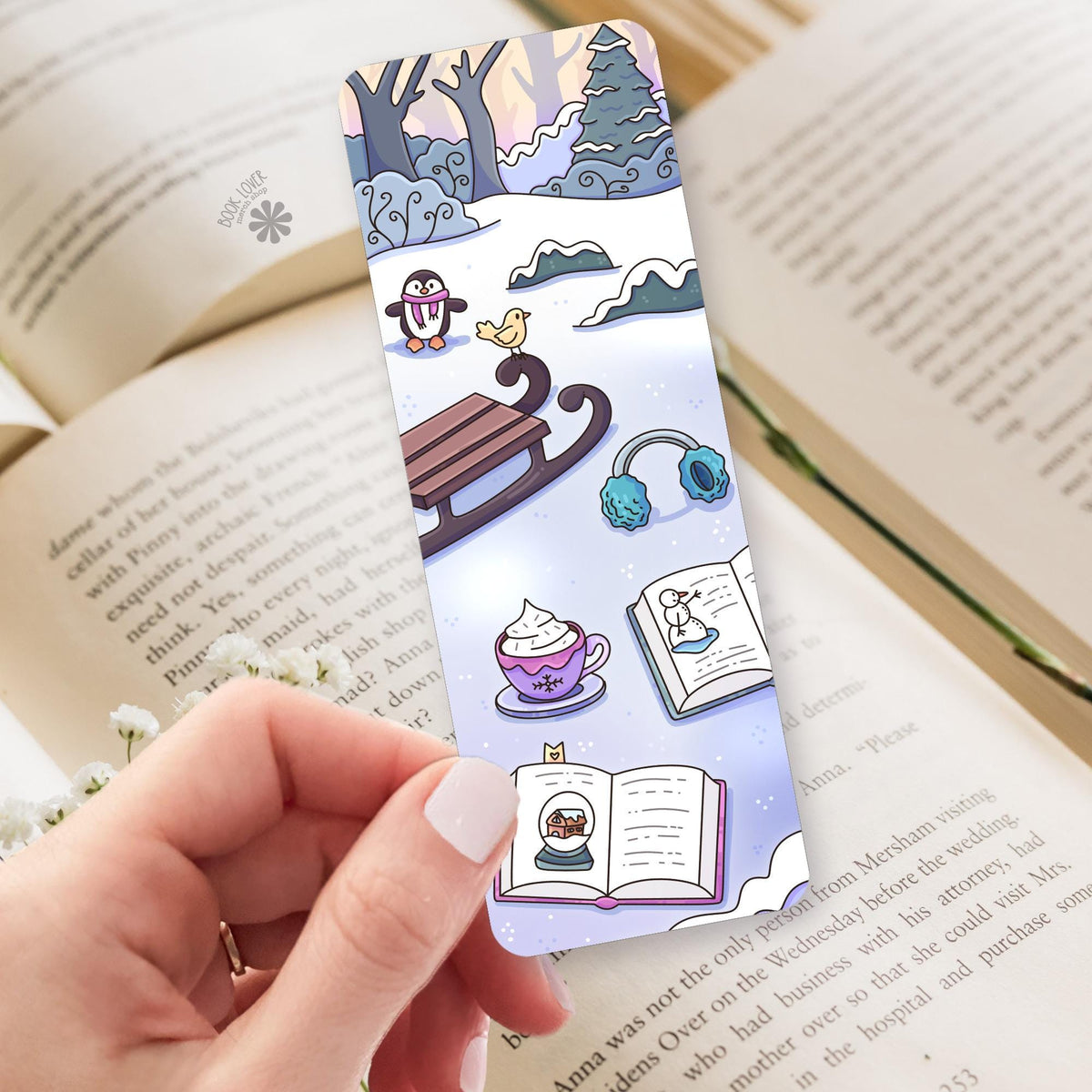 Winter Penguin Sled bookmark, double sided cardstock, reader gift