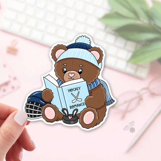 Hockey romance bear bookish sticker, vinyl die cut, hockey romance readers gift