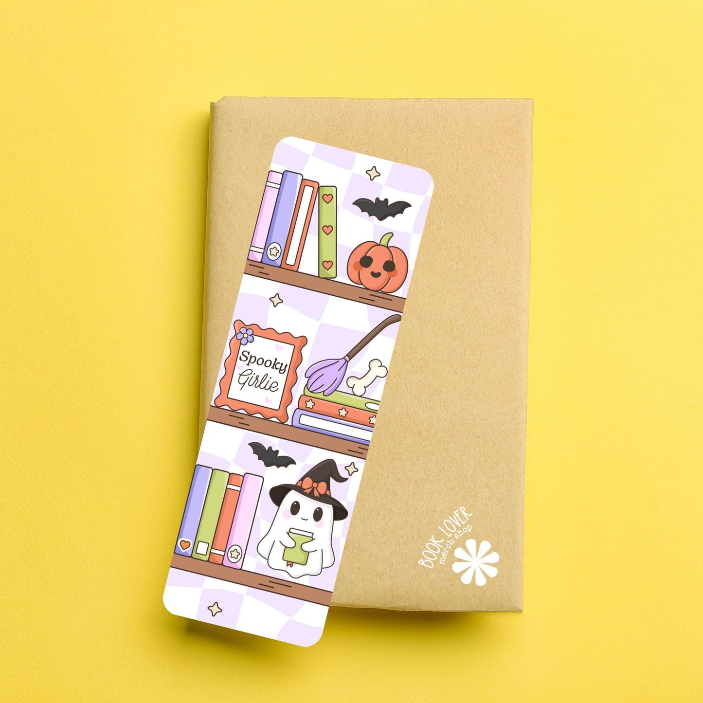 Spooky Girlie Bookshelf Bookmark / Halloween bookish Bookmark / Book Lover Gift / Cute Ghost Bookish Merch / Smut Reader / Reading Lover