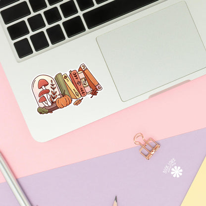Mushroom bookshelf sticker close up, matte finish, book lover vinyl decal