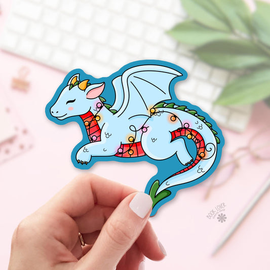 Dragon With Christmas Lights bookish sticker, vinyl die cut, christmas reader gift