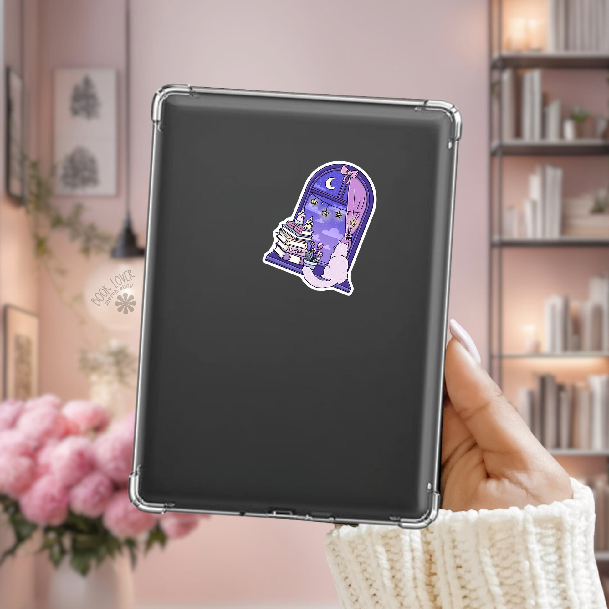 Cozy Cat bookish sticker on Kindle - bookish cat lover vinyl decal