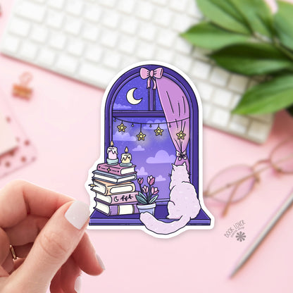 Cozy Cat bookish sticker die-cut vinyl - cat lover reading gift