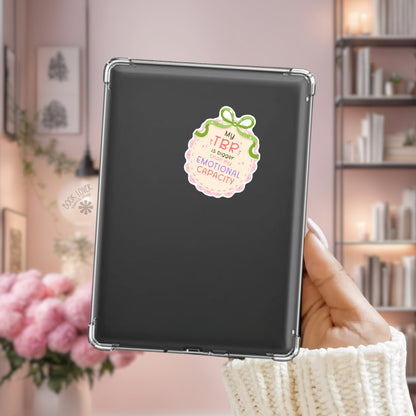 TBR pile Kindle sticker on desk – bookish humor decal
