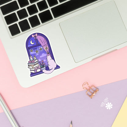 Cozy Cat bookish sticker on water bottle - cat reader vinyl decal