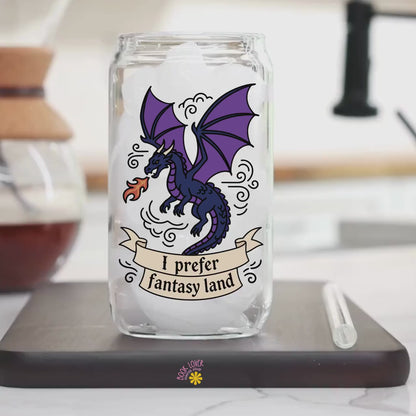 I prefer Fantasy Land 16 OZ Glass Can With Lid and Straw / Bookish Mug / Book Lover Gift / Bookish Merch Stickers / UV Dtf Wrap Transfert