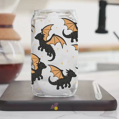 Black Dragons 16 OZ Glass Can With Lid and Straw / Bookish Mug / Fantasy Book Lover Gift / Bookish Merch / UV Dtf Libbey Wrap Transfert