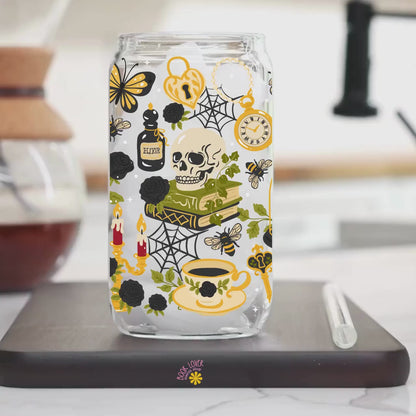 Dark Academia 16 OZ Glass Can With Lid and Straw / Bookish Mug / Book Lover Gift / Bookish Merch Stickers / UV Dtf Libbey Wrap Transfert