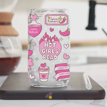 Hot Girls Read 16 OZ Glass Can With Lid and Straw / Bookish Mug / Book Lover Gift / Bookish Merch Stickers / UV Dtf Libbey Wrap Transfert
