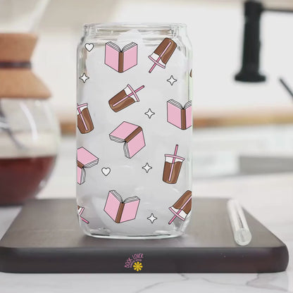 Coffee and Books 16 OZ Glass Can With Lid and Straw / Bookish Mug / Book Lover Gift / Bookish Merch / UV Dtf Libbey Wrap Transfert