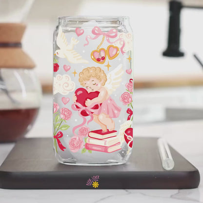 Bookish Cupids 16 OZ Glass Can With Lid and Straw / Valentine Bookish Merch Stickers / Book Lover Gift / UV Dtf Libbey Wrap Transfert
